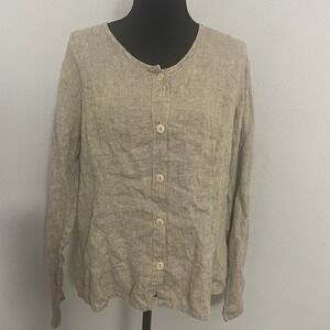 FLAX Sz S 100% Linen Button Front Top Blouse Back Pockets Drawstring Lagenlook